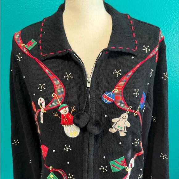 Erika Vintage Black Zip Christmas Gingerbread Snowman Knit Sweater Medium - Picture 3 of 13